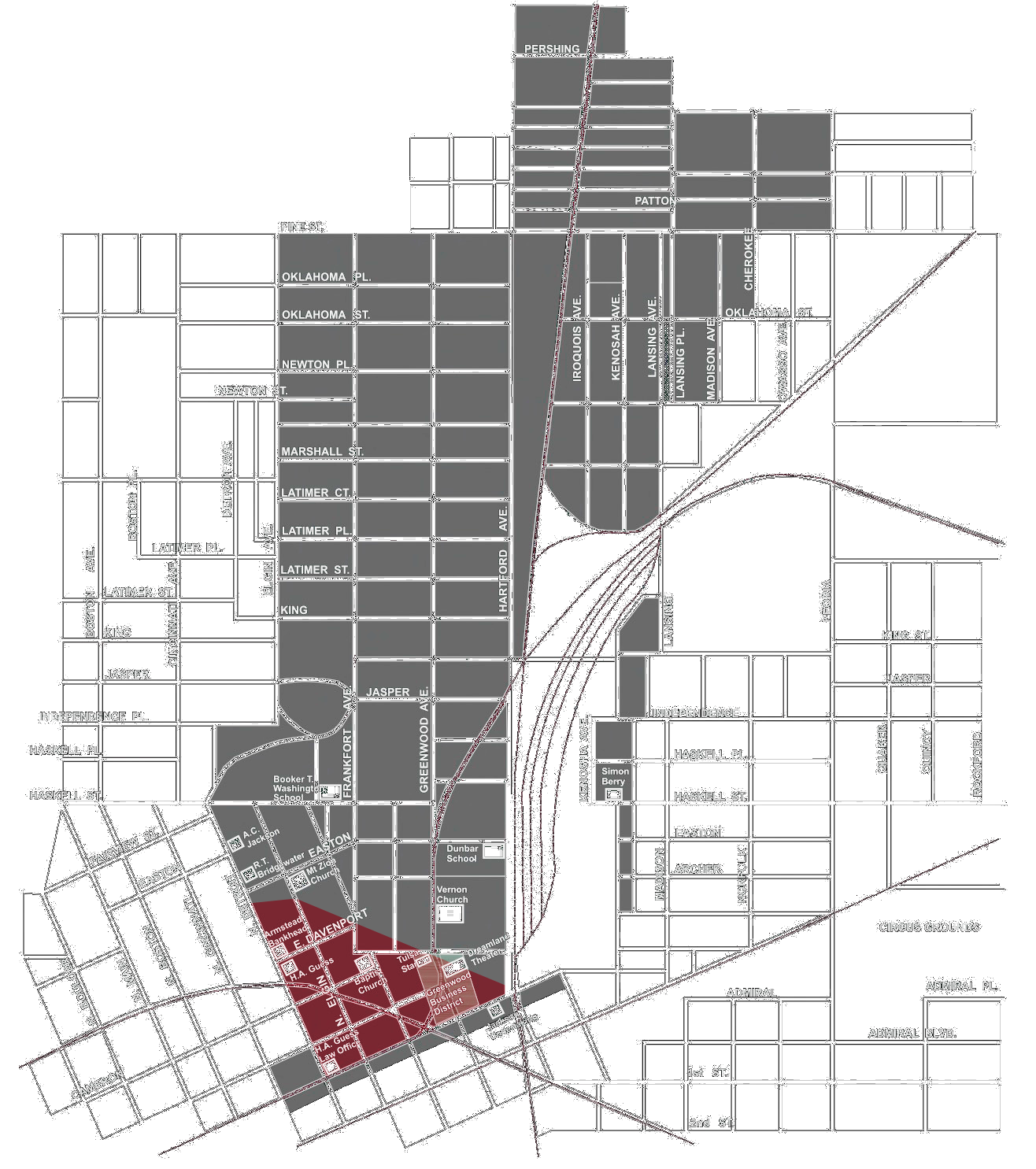 This image shows a map of the Greenwood neighborhood district. It highlights in gray the expanse of the neighborhood during the height of Black Wallstreet in 1921. It highlights in maroon the much smaller area that the neighborhood covered in 2020, showing the extent of property destruction during the events of the 1921 massacre.