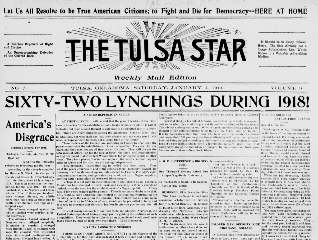 The image depicts the top half of the front page of the January 4, 1919 edition of the Tulsa Star. The newspaper had a large headline, Sixty-Two Lynchings in 1918!” The article had a sub-header, “America’s Disgrace” and detailed the “Lynching Record for 1918” which included 58 Black victims across 16 states.
