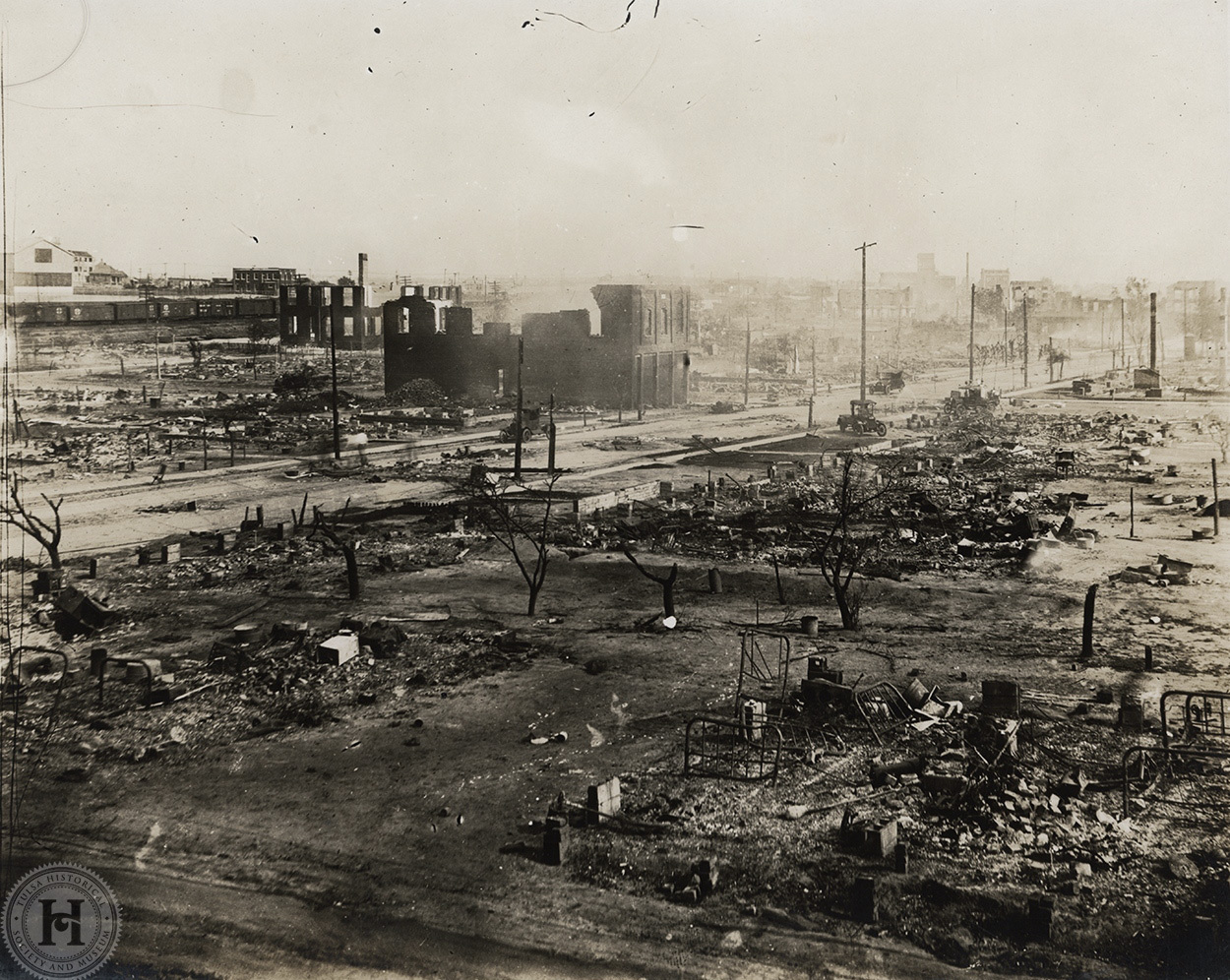 This image depicts the many blocks of devastation in the Greenwood district following the actions of White mob members and the events of the 1921 massacre.